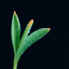 Dew on curved tulip leaf, high-detail texture and bokeh