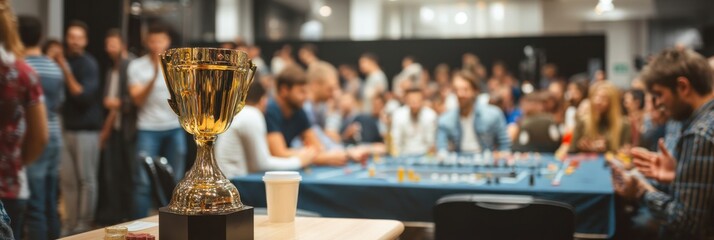 winner trophy award ceremony at tabletop tournament stage venue, mixed audience male female cheering clean looking