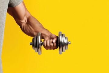 Working out concept. Cropped photo of a strong man holding dumbbell in hand isolated on yellow background