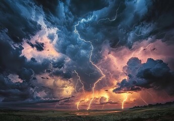 Fototapeta premium Thunderstorm over grassland with dark clouds and lightning strikes.