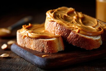 Delicious and Creamy Peanut Butter Spread on Freshly Sliced Bread on Wooden Board with Natural Light and Warm Tones Capturing a Homely Kitchen Scene