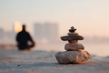 Zen stone stack symbol in foreground with blurred meditating figure, representing grounded balance, with warm tone, with a close-up perspective composition