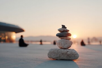 Zen stone stack symbol in foreground with blurred meditating figure, representing grounded balance, with warm tone, with a close-up perspective composition