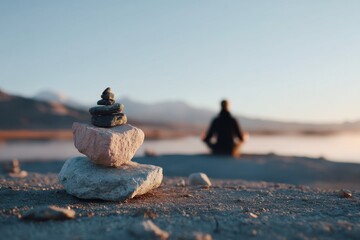 Zen stone stack symbol in foreground with blurred meditating figure, representing grounded balance, with warm tone, with a close-up perspective composition