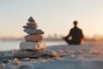 Zen stone stack symbol in foreground with blurred meditating figure, representing grounded balance, with warm tone, with a close-up perspective composition