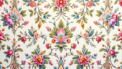 Intricate floral damask pattern in soft pastel hues, subtle, vintage