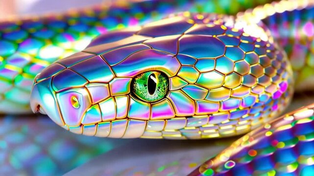 Shiny iridescent snake is viewed in macro shot. Colorful reptile with green eye. Animal illustration for reptile product, zoology and biology concept.