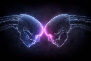 Futuristic artistic portrayal of human skulls in a wireframe design expressing a deep connection through radiant energy and metaphorical essence of existence captured with clarity