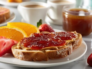 Delicious Breakfast Spread with Toasted Bread, Peanut Butter, Jam, Fresh Strawberries, Orange Slices, and Coffee in a Cozy Cafe Setting