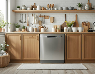 Fototapeta premium Dishwasher in Bright Kitchen with Wooden Accents and Utensils