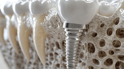 Dental Implant Close-up: Titanium Screw and Crown in Jawbone