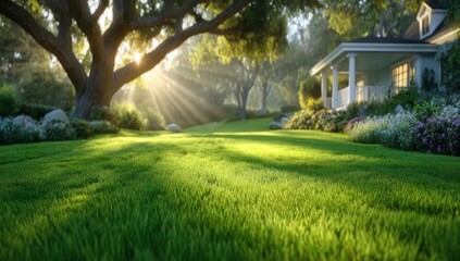 Obraz premium A sunlit lawn with lush green grass, trees, and a charming house in the background, creating a peaceful morning ambiance.
