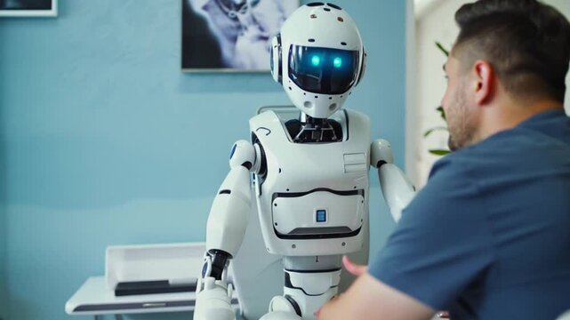 Robot doctor. The robot psychiatrist listening and nods when the human patient talking about his problems in medical office. Camera rotates around the subjects.