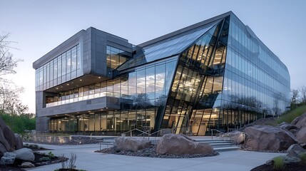 Modern office building with glass facade and stone accents at dusk with landscaped grounds and walkway