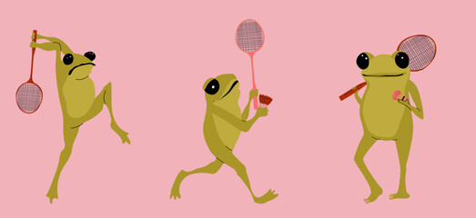 Funny Cartoon Frogs Enjoying a Game of Badminton
