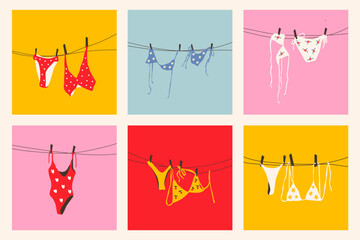 Colorful Swimwear Hanging on Clothesline. Summer Vibes