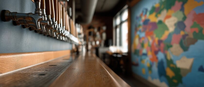 A vibrant array of beer taps lines a cozy bar, complemented by a colorful map mural, creating a warm and inviting ambiance.