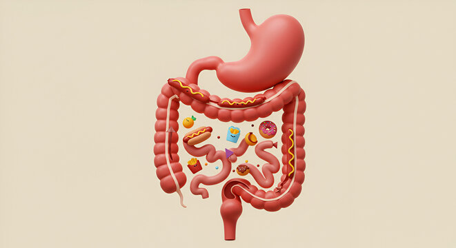 Color-Coded Illustration of Digestive Tract with Food Path