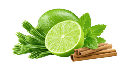 Vibrant lime and cinnamon sticks displayed together isolated on a bright white background for culinary ingredient photography