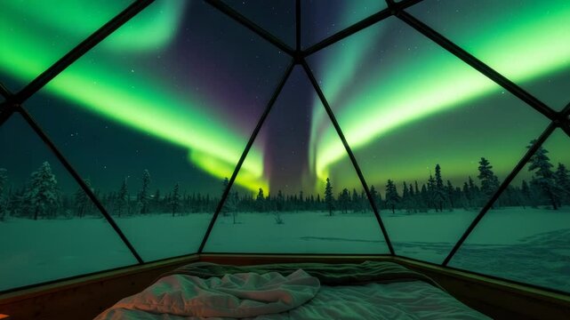 Aurora borealis view from igloo bedroom