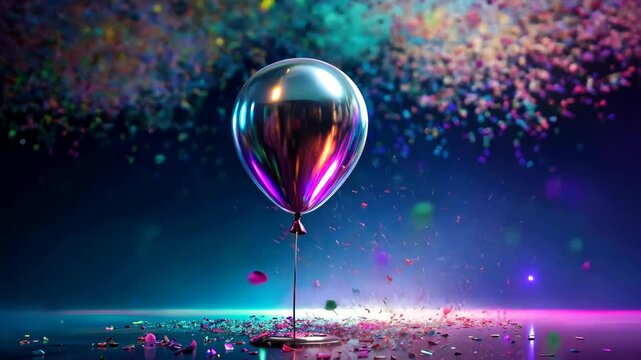 Silver Mylar Balloon with Falling Confetti and Colorful Lights on a Reflective Floor