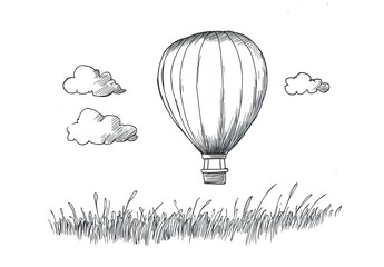 Obraz premium Black-and-white line drawing of hot air balloon over grassy field with clouds.