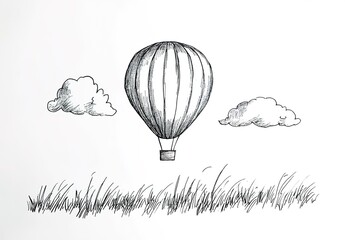 Obraz premium Black-and-white line drawing of hot air balloon over grassy field with clouds.