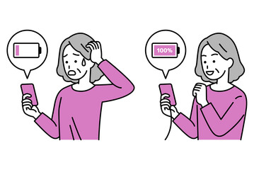 スマートフォンのバッテリーを充電している年配の女性　セット