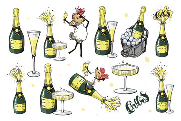 A playful doodle sticker set featuring a cheeky sheep sipping champagne, wine bottles, and cheerful 'Cheers!' captions. Fun, quirky and perfect for party vibes