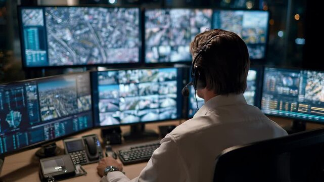 High-tech operations hub, analyst monitors dozens of screens to maintain security across critical facilities. Security command center live feeds and alert systems ensure, vigilance and rapid response
