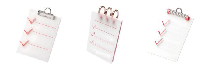 Set of 3d White paper task management todo check list isolated on transparent background, Cut out