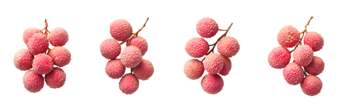 Set of A cluster of fresh lychees arranged against isolated on transparent background, Cut out