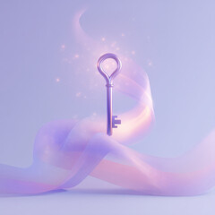 Magical key floating with colorful ribbons on soft background  