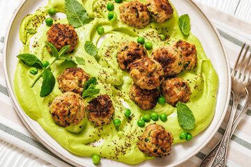 chicken broccoli meatballs with green pea hummus