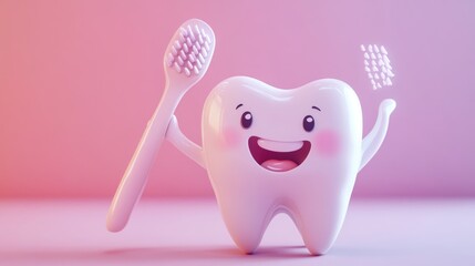 Happy Cartoon Tooth Brushing with Toothbrush on Pink Background
