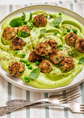 chicken broccoli meatballs with green pea hummus