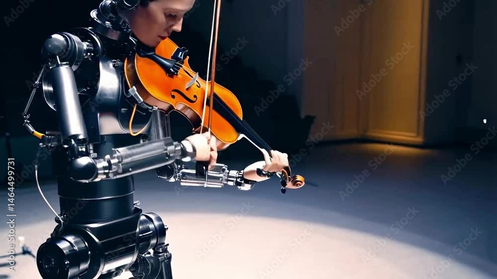 Poster in a modern theater space, a humanoid robot skillfully plays the violin, showcasing advanced robotic