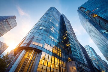 Worm's eye view of modern glass skyscrapers reflecting sunlight against a blue sky in an urban setting