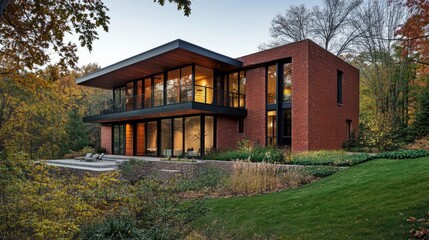 Luxury Brick Modern House in Autumn Landscape at Dusk