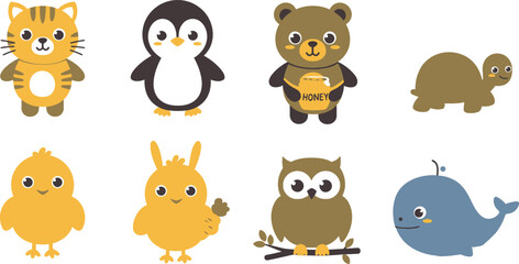 Naklejka premium Cartoon Zoo and Sea Animals Collection - Vector Graphics