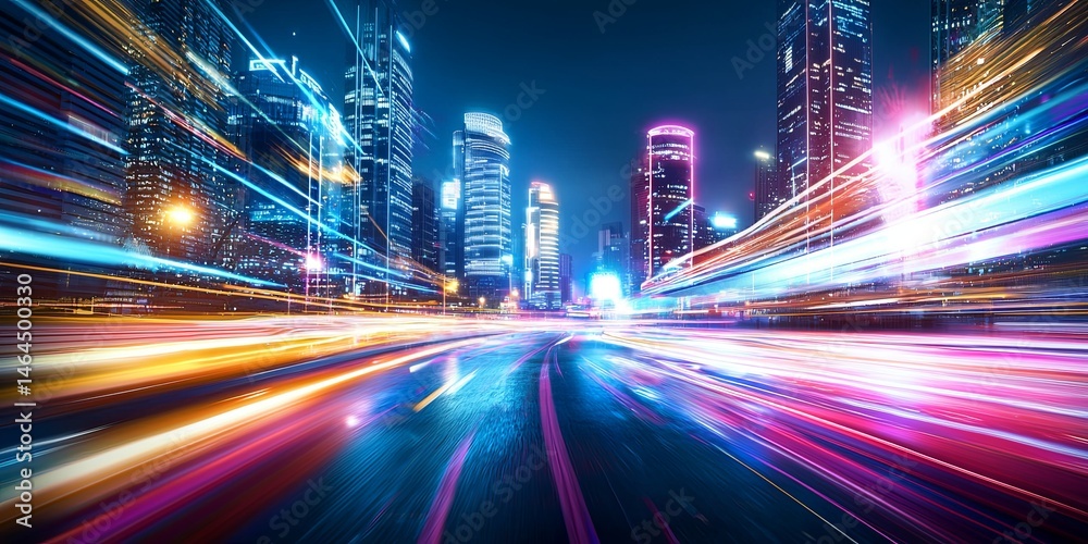 Poster abstract futuristic cityscape with vibrant neon lights and glowing skyscrapers creating a high-tech 