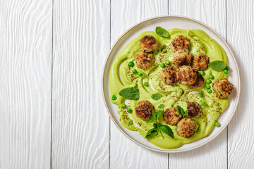 chicken broccoli meatballs with green pea hummus