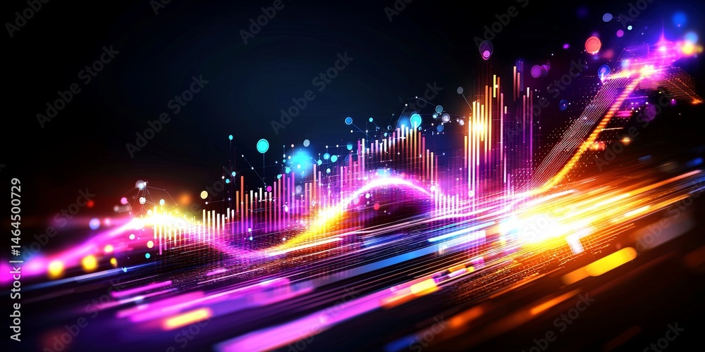 Poster Abstract colorful data visualization with glowing lines, bars, and dots representing digital growth, technology, and analytics on a dark background