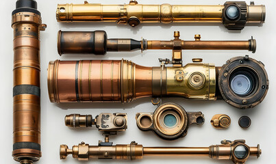 Antique brass telescope parts detailed overhead view of vintage optics