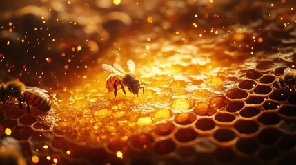 A realistic image of honeycomb with bees gently working between the cells, golden honey reflecting the light 
