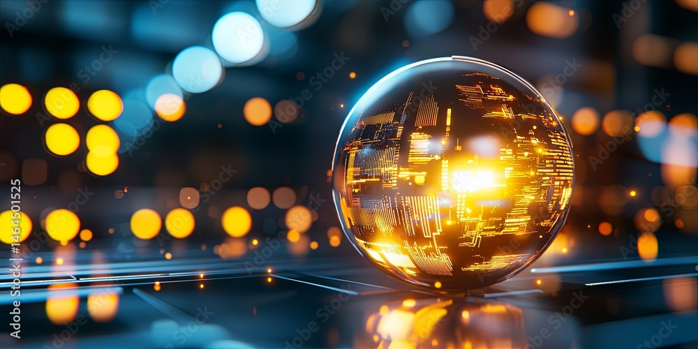 Poster Futuristic technology concept with abstract glowing sphere and data visualizations in a modern environment with blurred corridor in the background