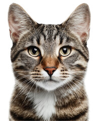 Fototapeta premium Close-up portrait of a domestic tabby cat with striking features and expressive eyes against a plain background
