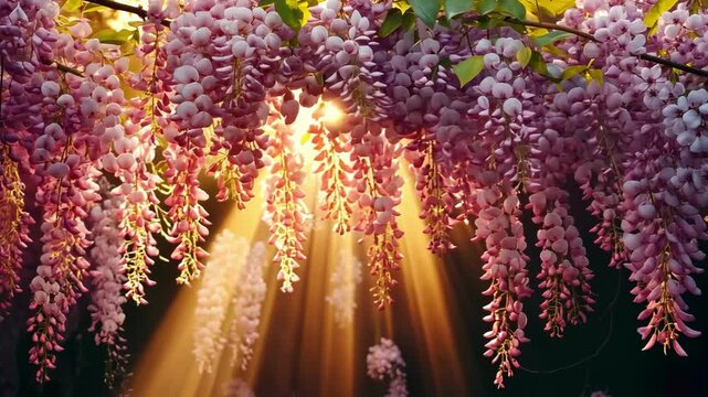 Beautiful wisteria flowers illuminated by sunlight create a magical atmosphere in a serene garden