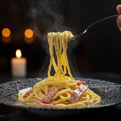 close up of forking up authentic Italian steaming carbonara against a candle light background
