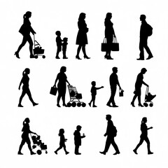 Fototapeta premium Family shoppers, shopping, city, silhouettes, background, vector illustration, website design